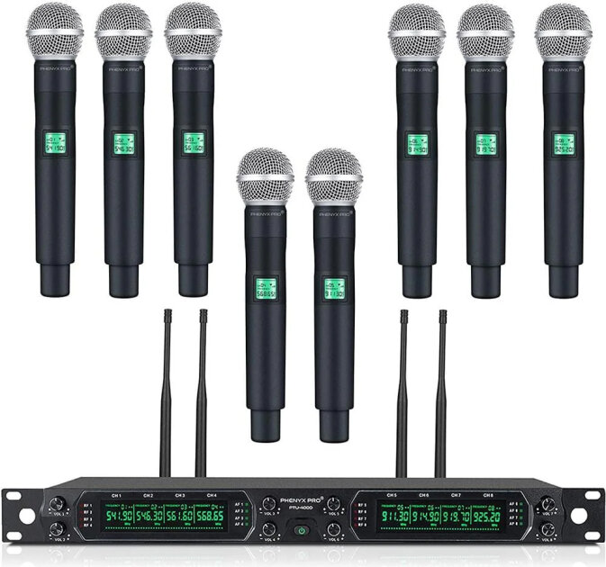 Phenyx Pro PTU-4000-8H 8-Channel UHF Fixed-Frequency Handheld Wireless Microphone System