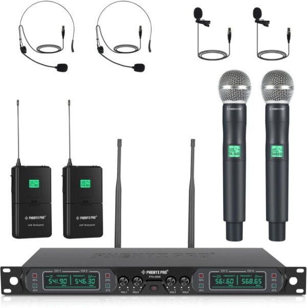 Phenyx Pro PTU-5000-2H2B 4-Channel UHF Fixed-Frequency Handheld/Headset/Lavalier Combo Wireless Microphone System