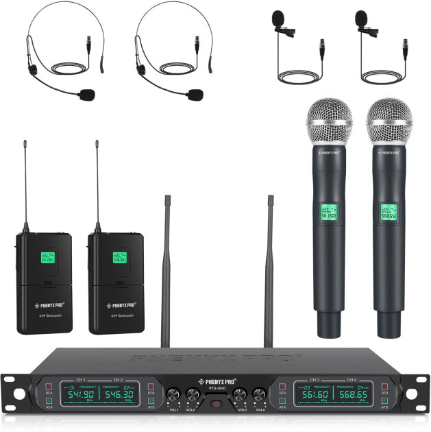 Phenyx Pro PTU-5000-2H2B 4-Channel UHF Fixed-Frequency Handheld/Headset/Lavalier Combo Wireless Microphone System