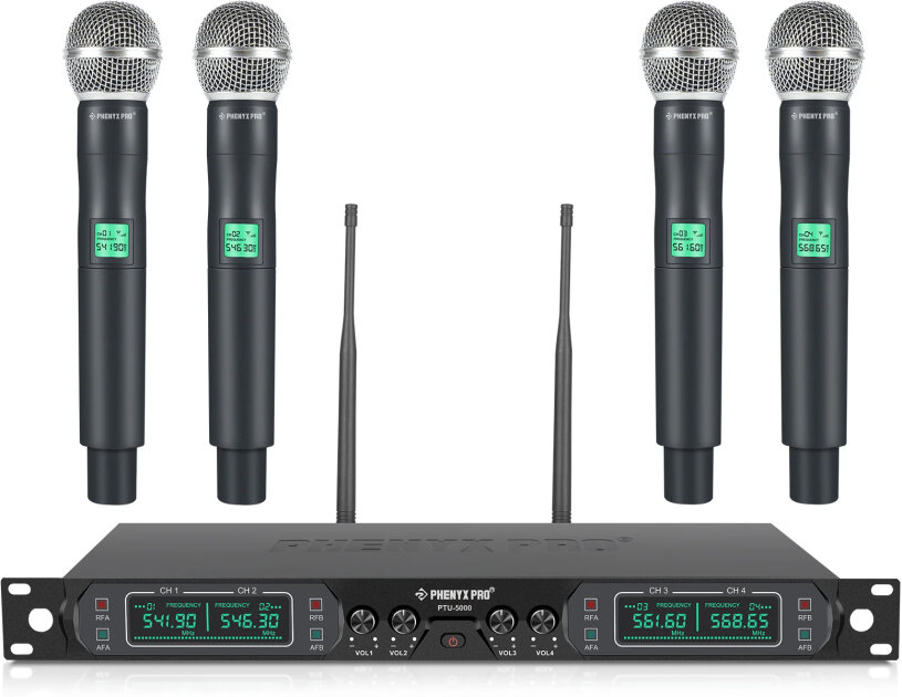 Phenyx Pro PTU-5000-4H 4-Channel UHF Fixed-Frequency Handheld Wireless Microphone System