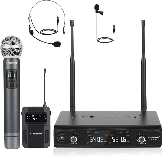 Phenyx Pro PTU-52-1H1B Dual-Channel UHF Handheld/Headset/Lavalier Combo Wireless Microphone System