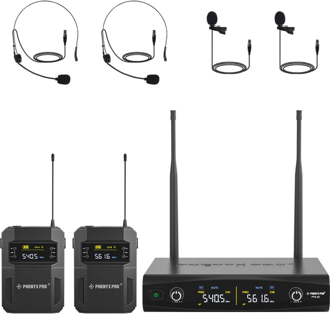 Phenyx Pro PTU-52-2B Dual-Channel UHF Headset/Lavalier Combo Wireless Microphone System