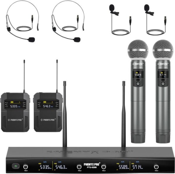 Phenyx Pro PTU-5200-2H2B 4-Channel UHF Handheld/Headset/Lavalier Combo Wireless Microphone System