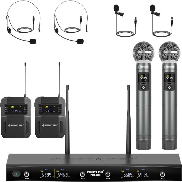 Phenyx Pro PTU-5200-2H2B 4-Channel UHF Handheld/Headset/Lavalier Combo Wireless Microphone System