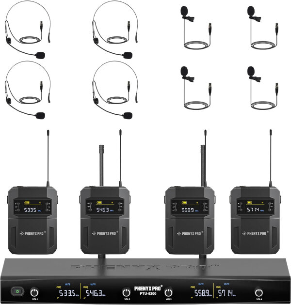 Phenyx Pro PTU-5200-4B 4-Channel UHF Wireless Headset/Lavalier Combo Microphone System