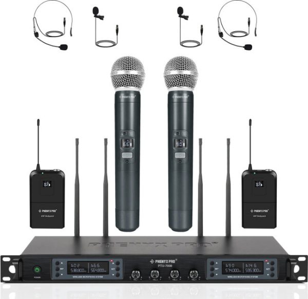 Phenyx Pro PTU-7000-2H2B 4-Channel UHF Wireless Handheld/Headset/Lavalier Combo Microphone System