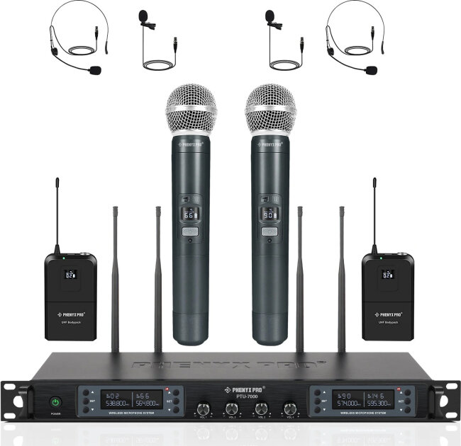 Phenyx Pro PTU-7000-2H2B 4-Channel UHF Wireless Handheld/Headset/Lavalier Combo Microphone System