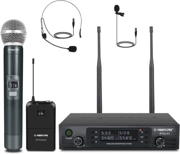 Phenyx Pro PTU-71-1H1B Dual-Channel UHF Handheld/Headset/Lavalier Combo Wireless Microphone System