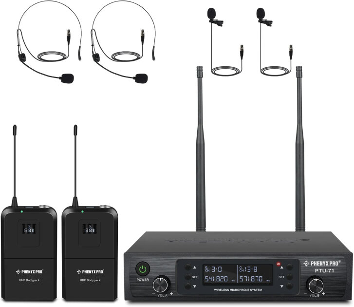 Phenyx Pro PTU-71-2B Dual-Channel UHF Wireless Headset/Lavalier Combo Microphone System